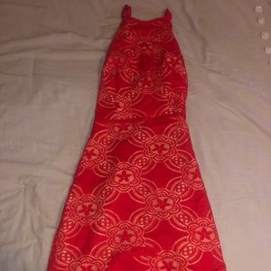 Red lace high neck tie in back fitted dress